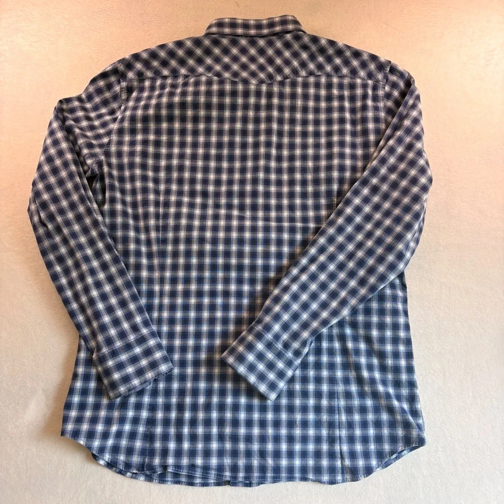 Banana Republic Mens Slim Fit Western Plaid Snap Button Shirt Blue Large 130992